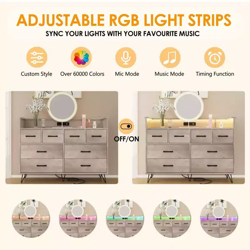 Comò a 8 cassetti con luce LED e stazione di ricarica — Antico Scuro / Antico Chiaro / Nero / Bianco, Stile Moderno, 1 persona