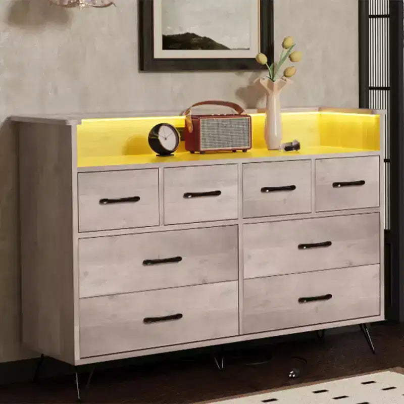 Comò a 8 cassetti con luce LED e stazione di ricarica — Antico Scuro / Antico Chiaro / Nero / Bianco, Stile Moderno, 1 persona