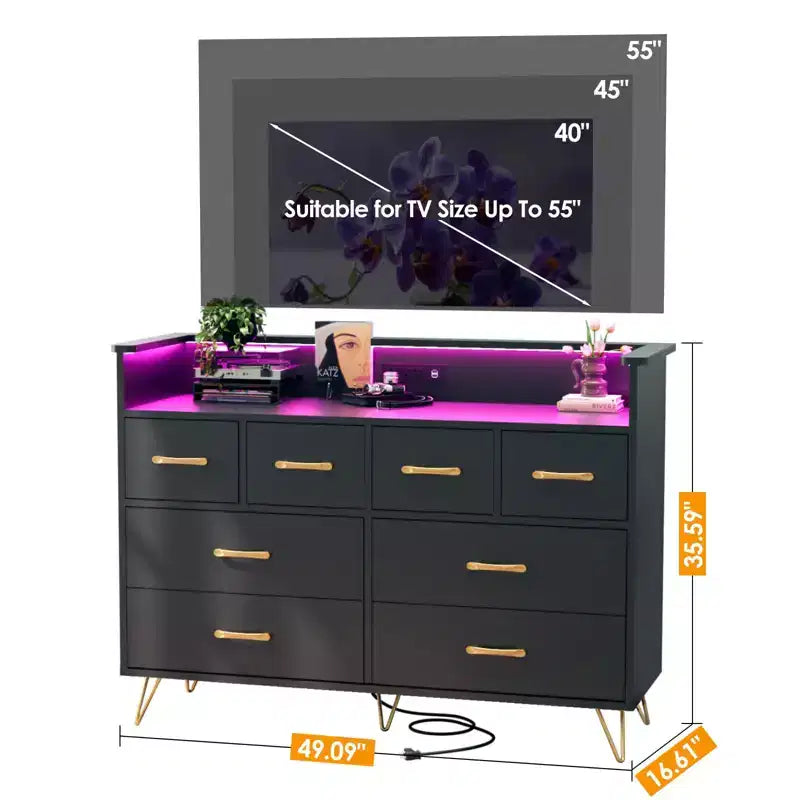 Comò a 8 cassetti con luce LED e stazione di ricarica — Antico Scuro / Antico Chiaro / Nero / Bianco, Stile Moderno, 1 persona
