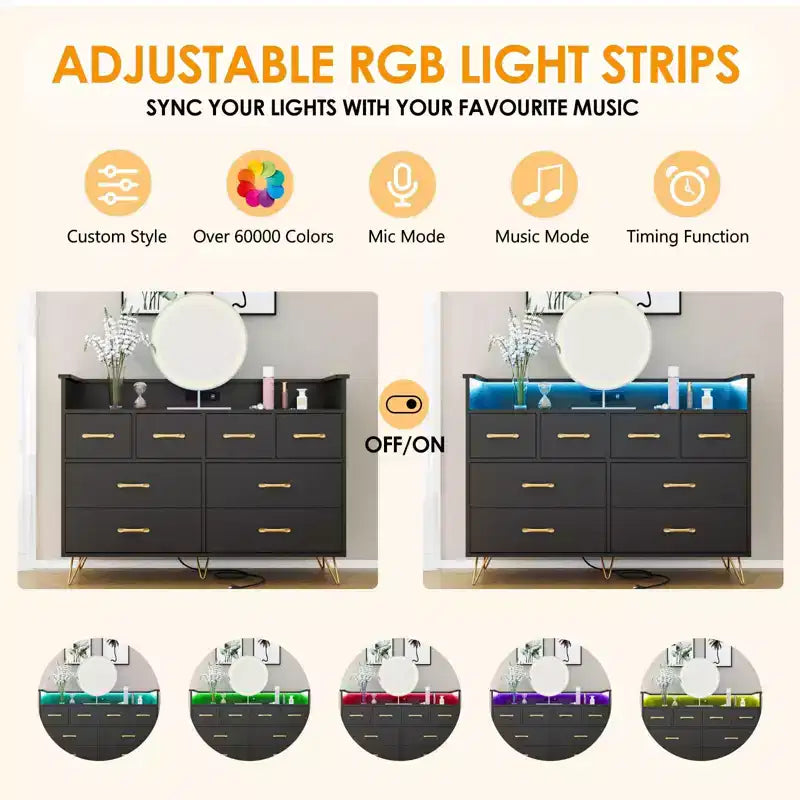 Comò a 8 cassetti con luce LED e stazione di ricarica — Antico Scuro / Antico Chiaro / Nero / Bianco, Stile Moderno, 1 persona