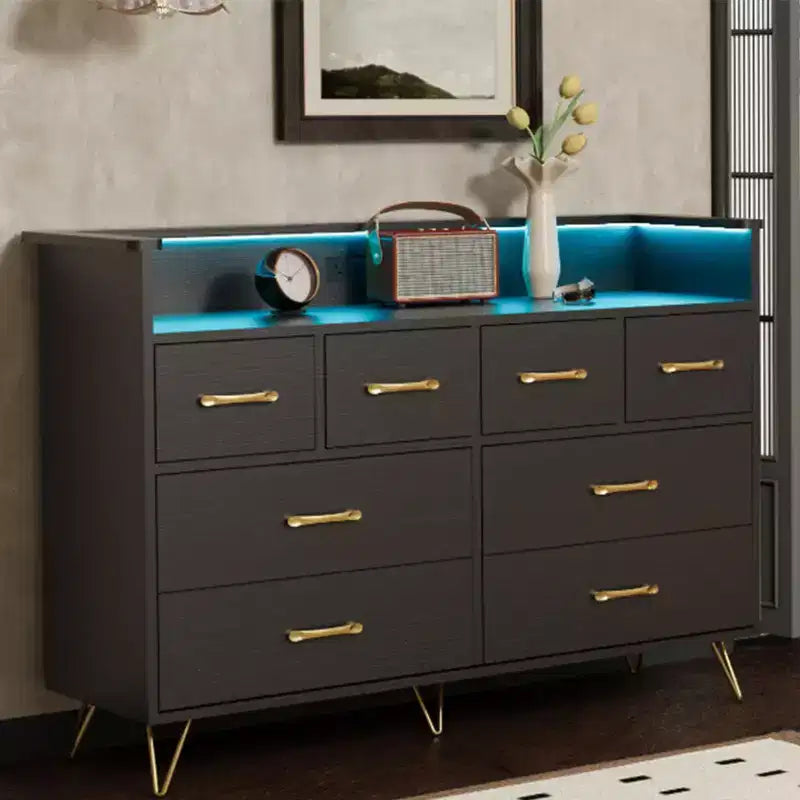 Comò a 8 cassetti con luce LED e stazione di ricarica — Antico Scuro / Antico Chiaro / Nero / Bianco, Stile Moderno, 1 persona