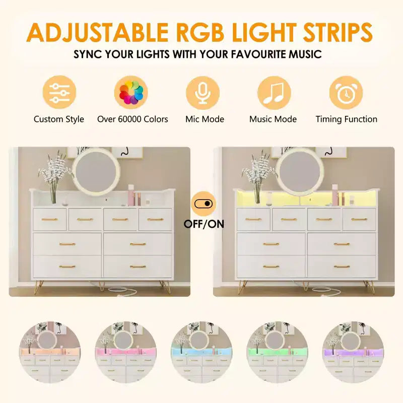 Comò a 8 cassetti con luce LED e stazione di ricarica — Antico Scuro / Antico Chiaro / Nero / Bianco, Stile Moderno, 1 persona