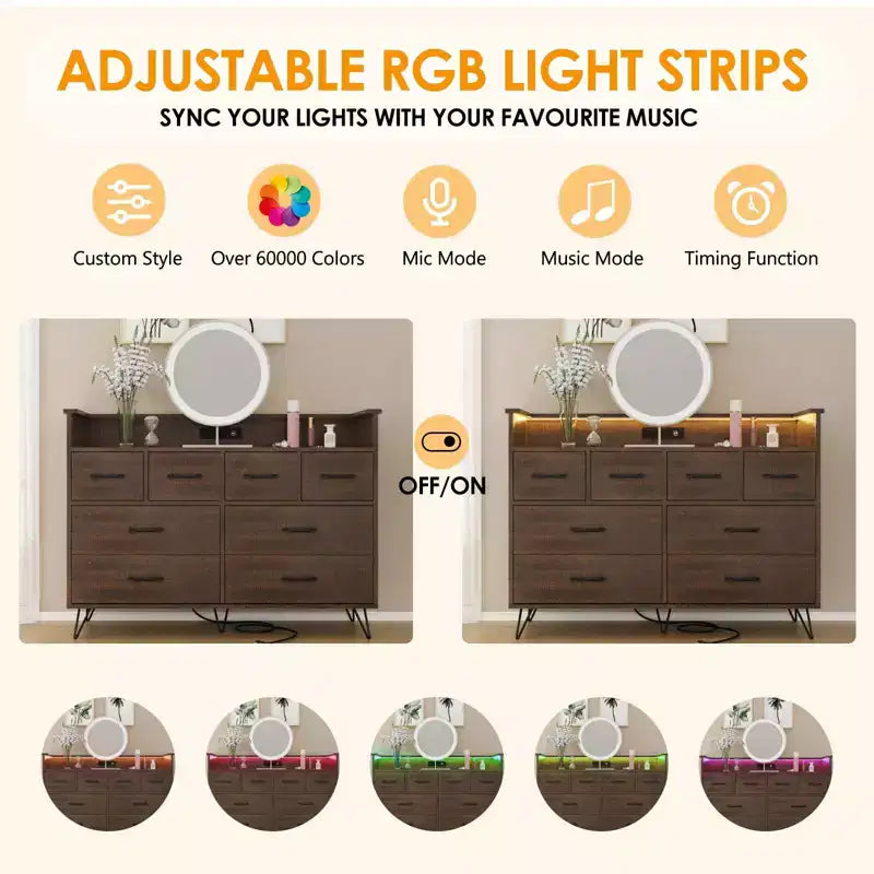 Comò a 8 cassetti con luce LED e stazione di ricarica — Antico Scuro / Antico Chiaro / Nero / Bianco, Stile Moderno, 1 persona