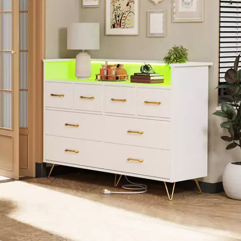 Comò a 8 cassetti con luce LED e stazione di ricarica — Antico Scuro / Antico Chiaro / Nero / Bianco, Stile Moderno, 1 persona