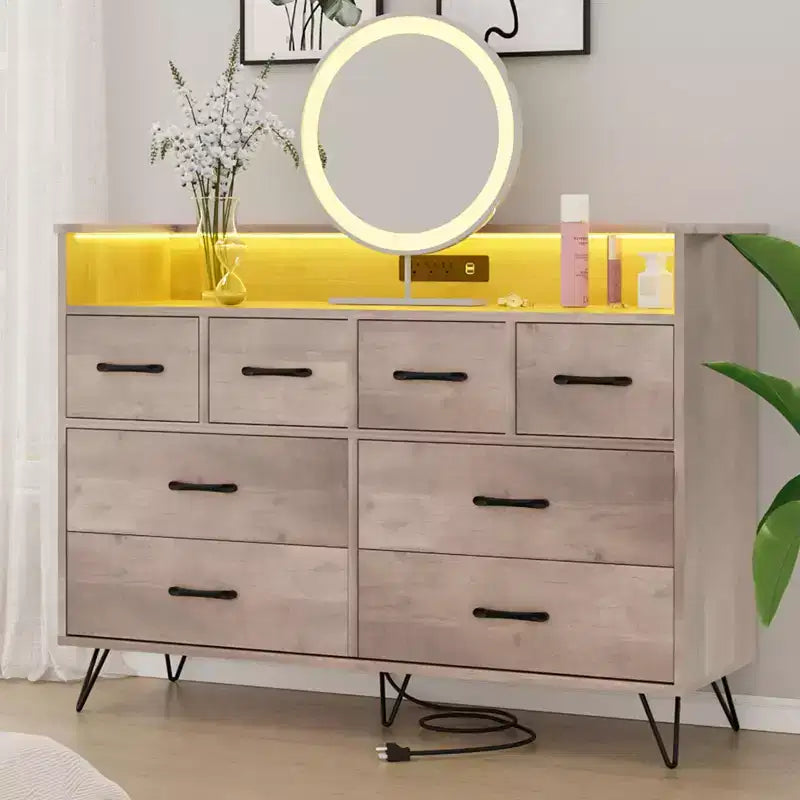 Comò a 8 cassetti con luce LED e stazione di ricarica — Antico Scuro / Antico Chiaro / Nero / Bianco, Stile Moderno, 1 persona