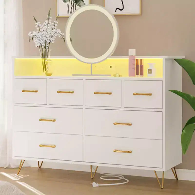 Comò a 8 cassetti con luce LED e stazione di ricarica — Antico Scuro / Antico Chiaro / Nero / Bianco, Stile Moderno, 1 persona