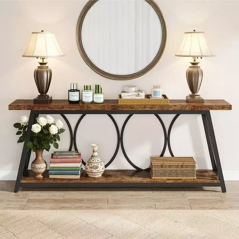 Tavolo Console Stretto Industriale Marrone da 70,9" con Ripiano Portaoggetti, 2 Livelli, 1 Persona