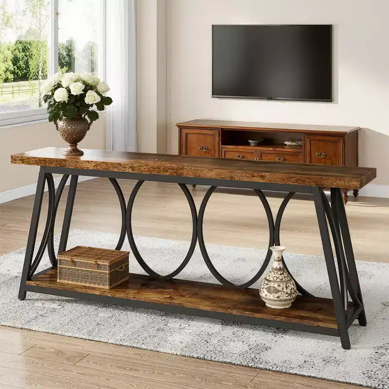 Tavolo Console Stretto Industriale Marrone da 70,9" con Ripiano Portaoggetti, 2 Livelli, 1 Persona