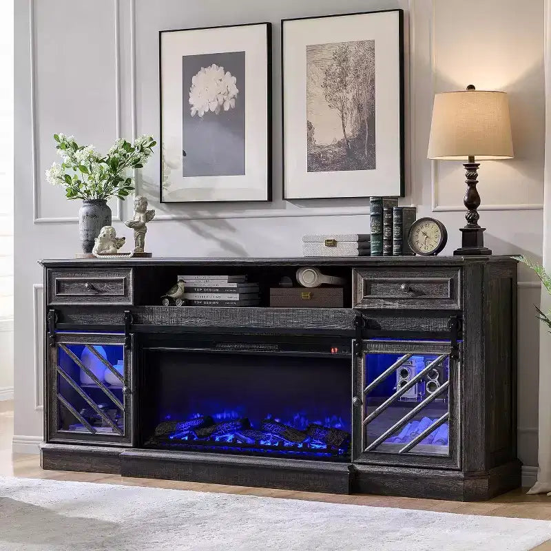 SinCiDo 75 Fireplace TV Stand, Entertainment Center w/ Fireplace, Remote Control, 7 Types of 3D Flames & Led Lights, 2 Drawers, Sliding Barn Door