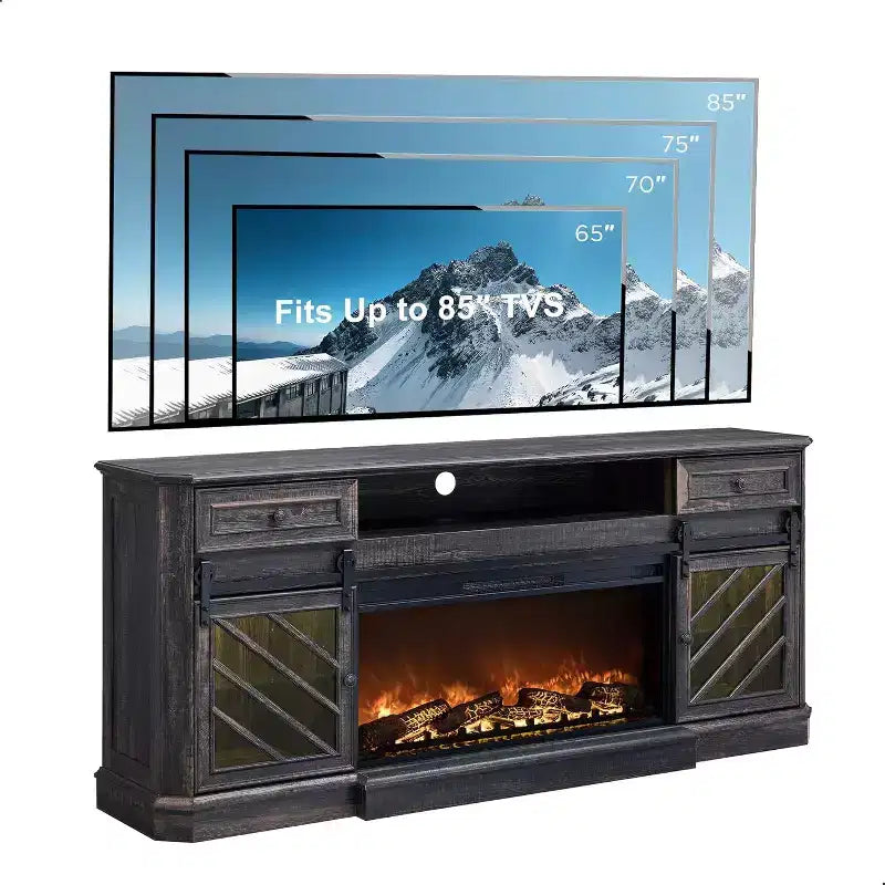 Mobile TV con camino elettrico da 75" "Wash White Farmhouse" per TV fino a 85"