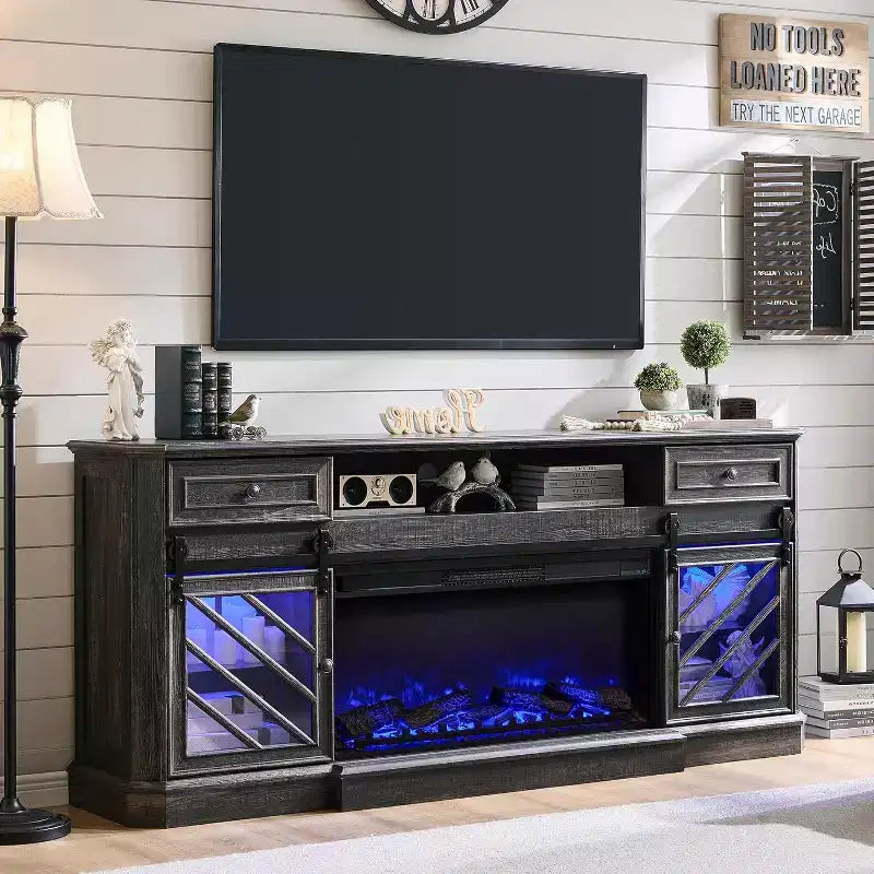 Mobile TV con camino elettrico da 75" "Wash White Farmhouse" per TV fino a 85"