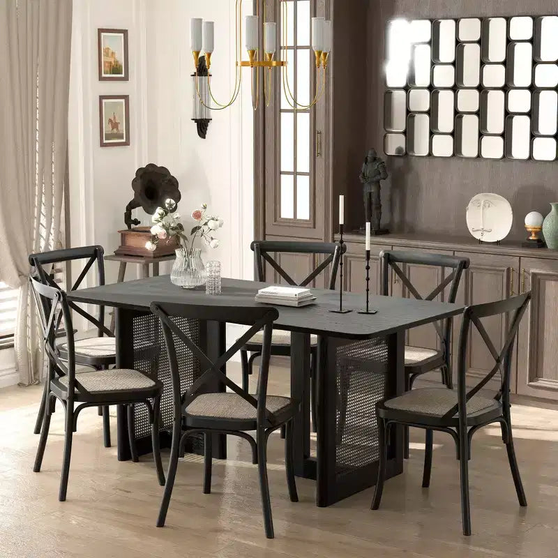 Tavolo da Pranzo Rettangolare in Legno Nero, a Doppio Basamento, 6 Posti