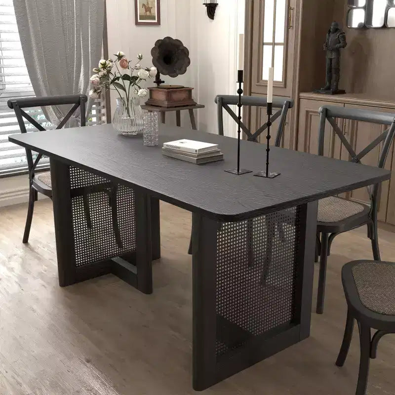 Tavolo da Pranzo Rettangolare in Legno Nero, a Doppio Basamento, 6 Posti