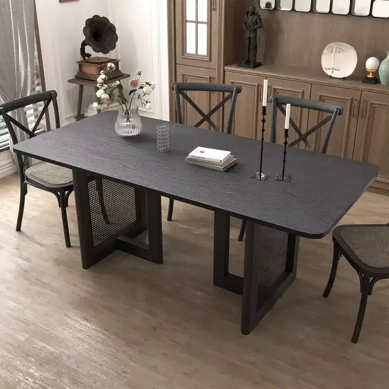 Tavolo da Pranzo Rettangolare in Legno Nero, a Doppio Basamento, 6 Posti
