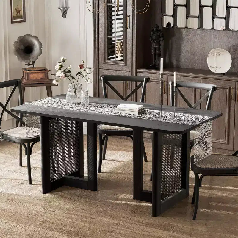 Tavolo da Pranzo Rettangolare in Legno Nero, a Doppio Basamento, 6 Posti