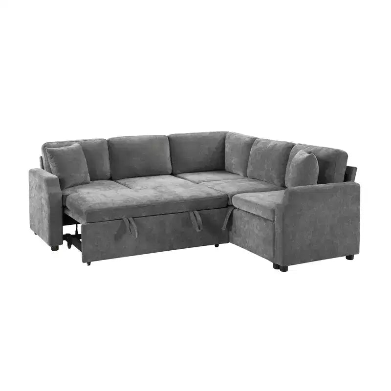 Divano letto angolare a L con letto estraibile e contenitore, 3 posti, Nero/Grigio/Arancio