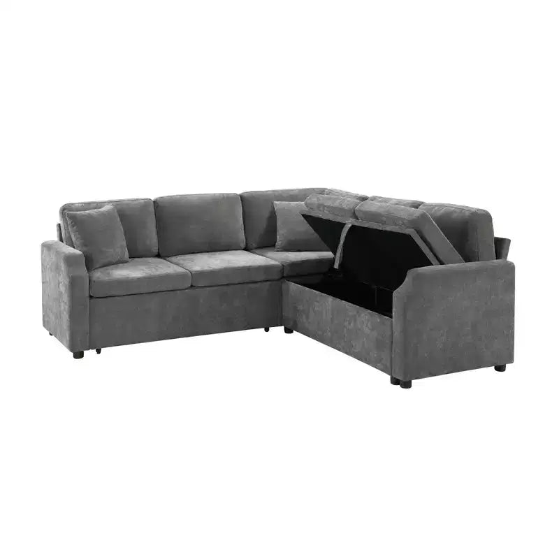 Divano letto angolare a L con letto estraibile e contenitore, 3 posti, Nero/Grigio/Arancio