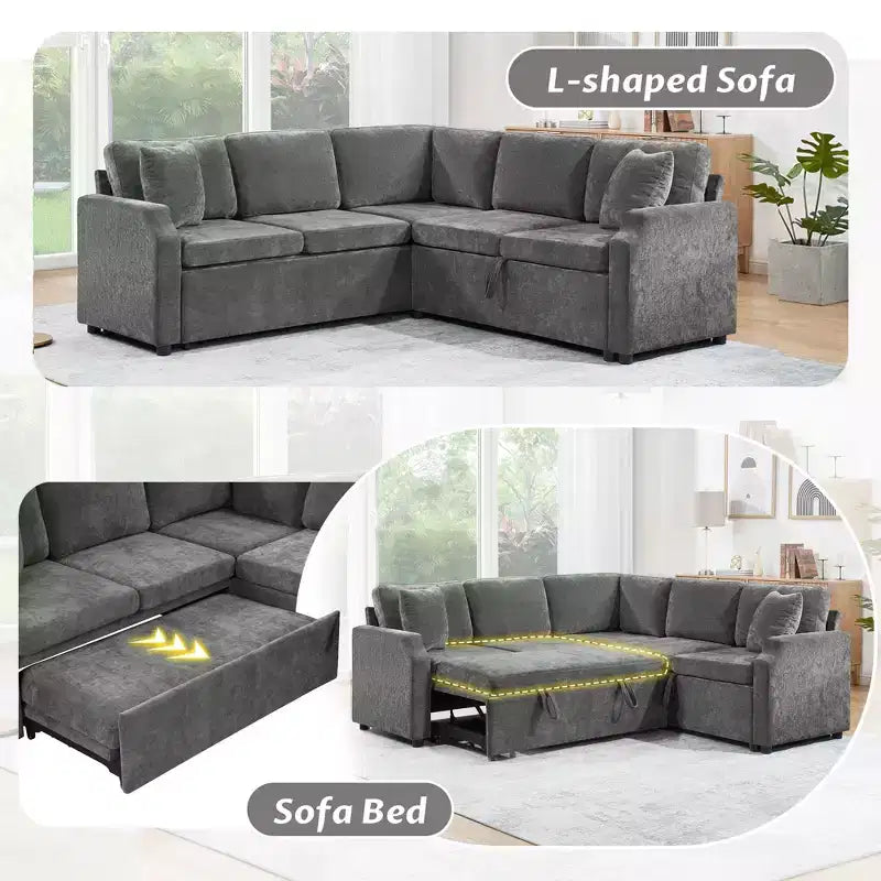 Divano letto angolare a L con letto estraibile e contenitore, 3 posti, Nero/Grigio/Arancio