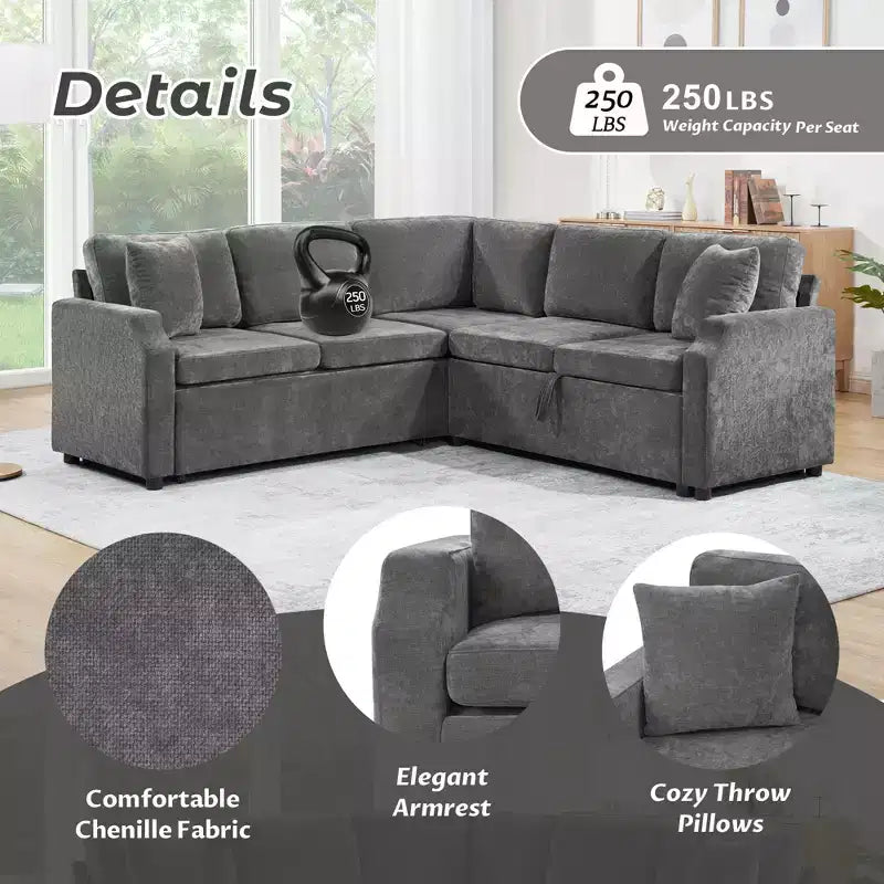 Divano letto angolare a L con letto estraibile e contenitore, 3 posti, Nero/Grigio/Arancio