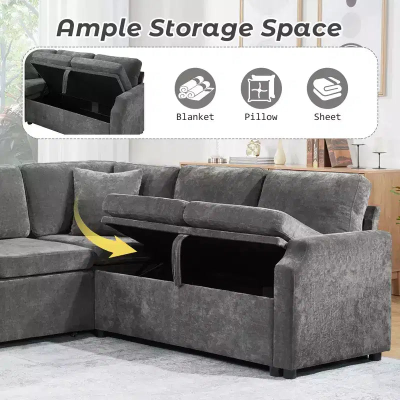 Divano letto angolare a L con letto estraibile e contenitore, 3 posti, Nero/Grigio/Arancio