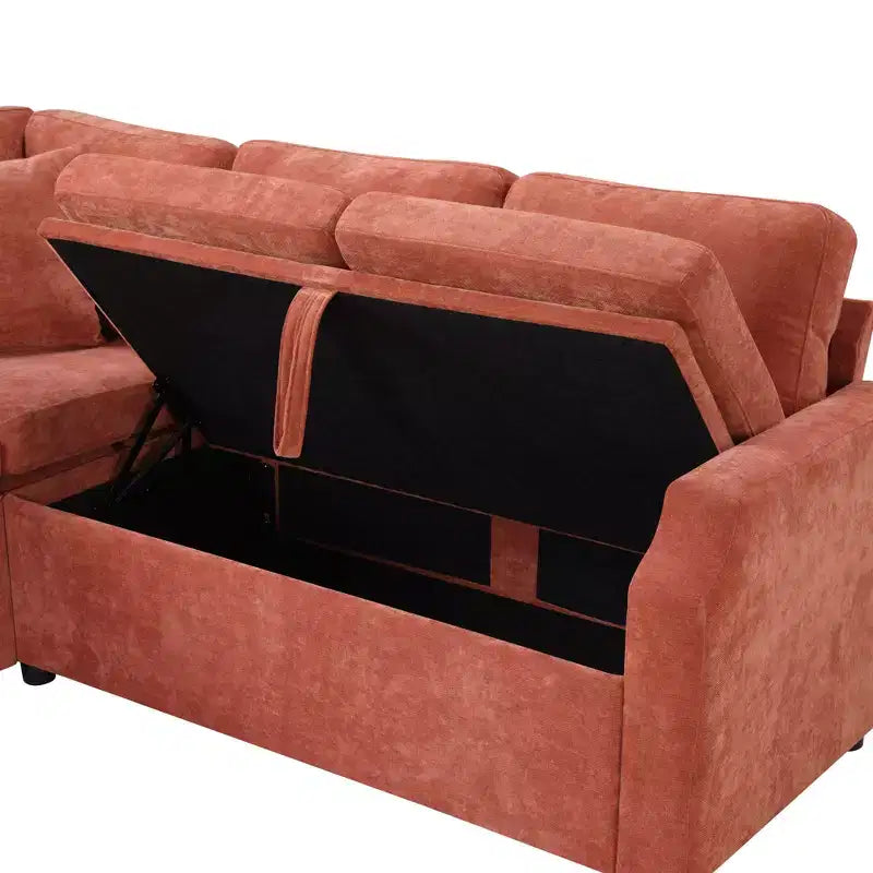 Divano letto angolare a L con letto estraibile e contenitore, 3 posti, Nero/Grigio/Arancio