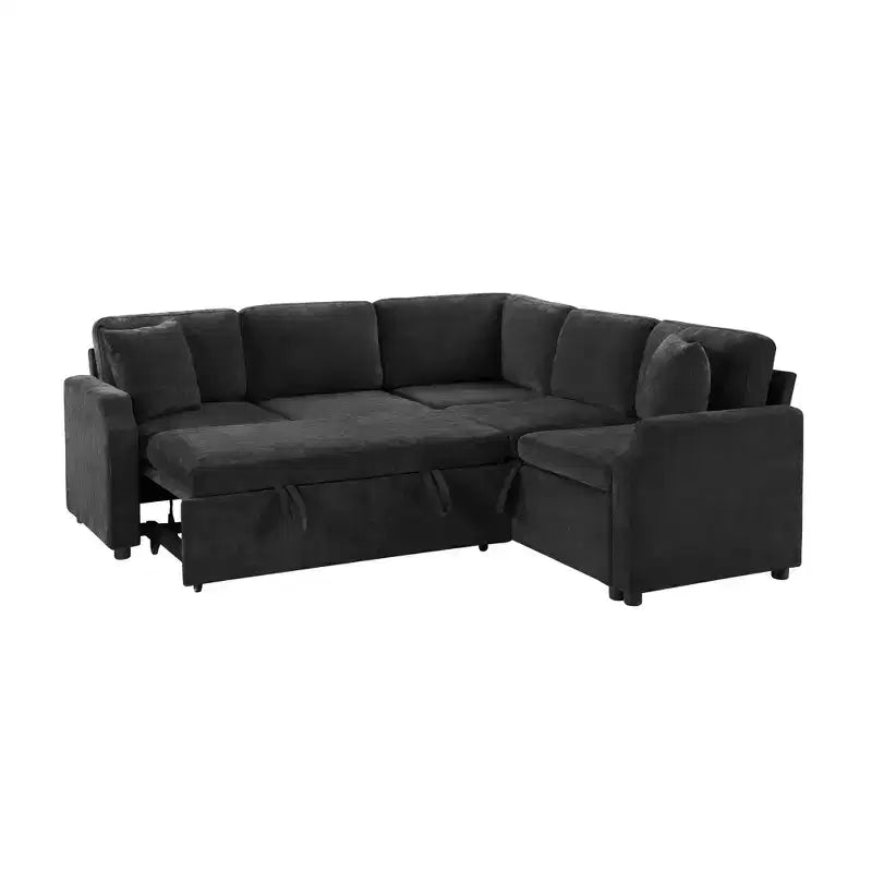 Divano letto angolare a L con letto estraibile e contenitore, 3 posti, Nero/Grigio/Arancio