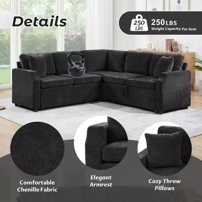 Divano letto angolare a L con letto estraibile e contenitore, 3 posti, Nero/Grigio/Arancio