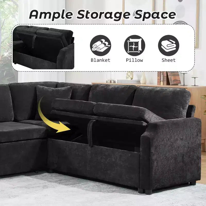 Divano letto angolare a L con letto estraibile e contenitore, 3 posti, Nero/Grigio/Arancio