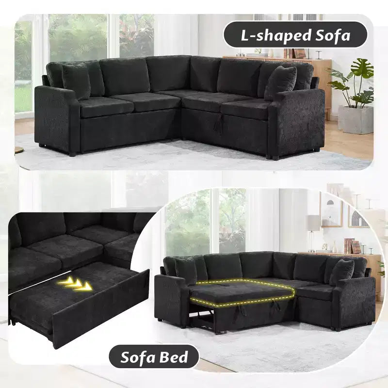 Divano letto angolare a L con letto estraibile e contenitore, 3 posti, Nero/Grigio/Arancio
