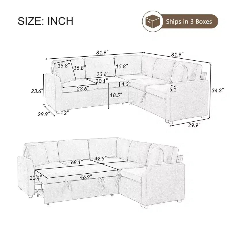 Divano letto angolare a L con letto estraibile e contenitore, 3 posti, Nero/Grigio/Arancio