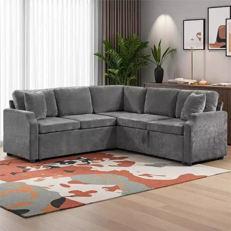 Divano letto angolare a L con letto estraibile e contenitore, 3 posti, Nero/Grigio/Arancio