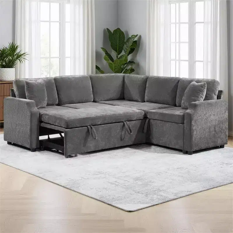 Divano letto angolare a L con letto estraibile e contenitore, 3 posti, Nero/Grigio/Arancio