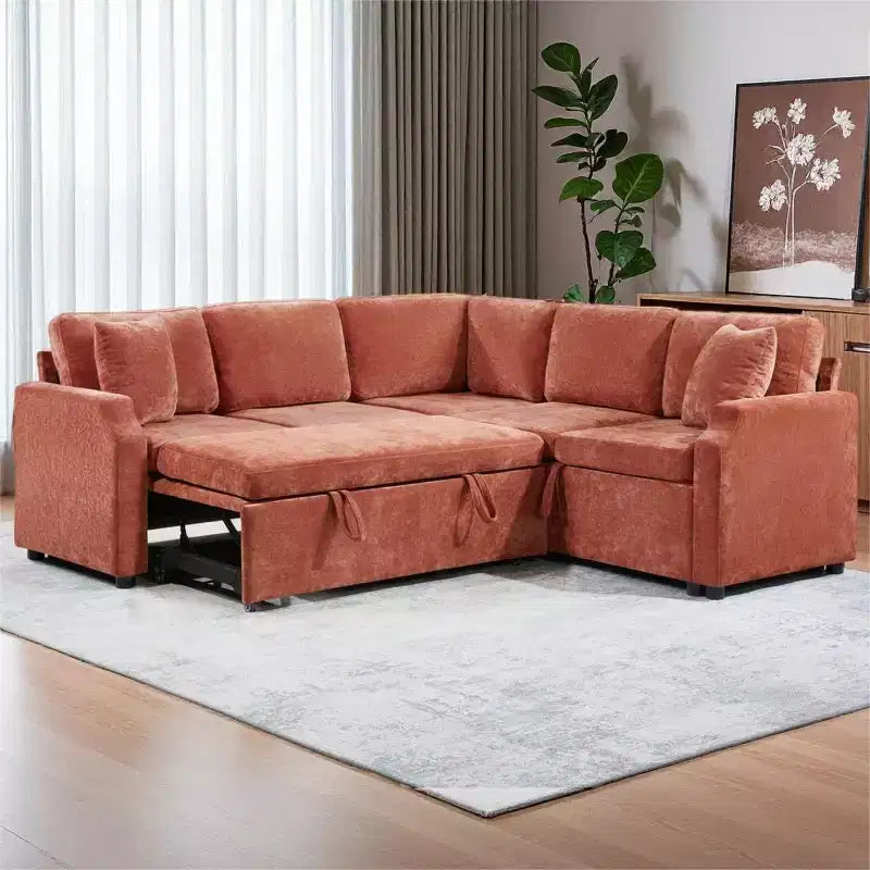 Divano letto angolare a L con letto estraibile e contenitore, 3 posti, Nero/Grigio/Arancio