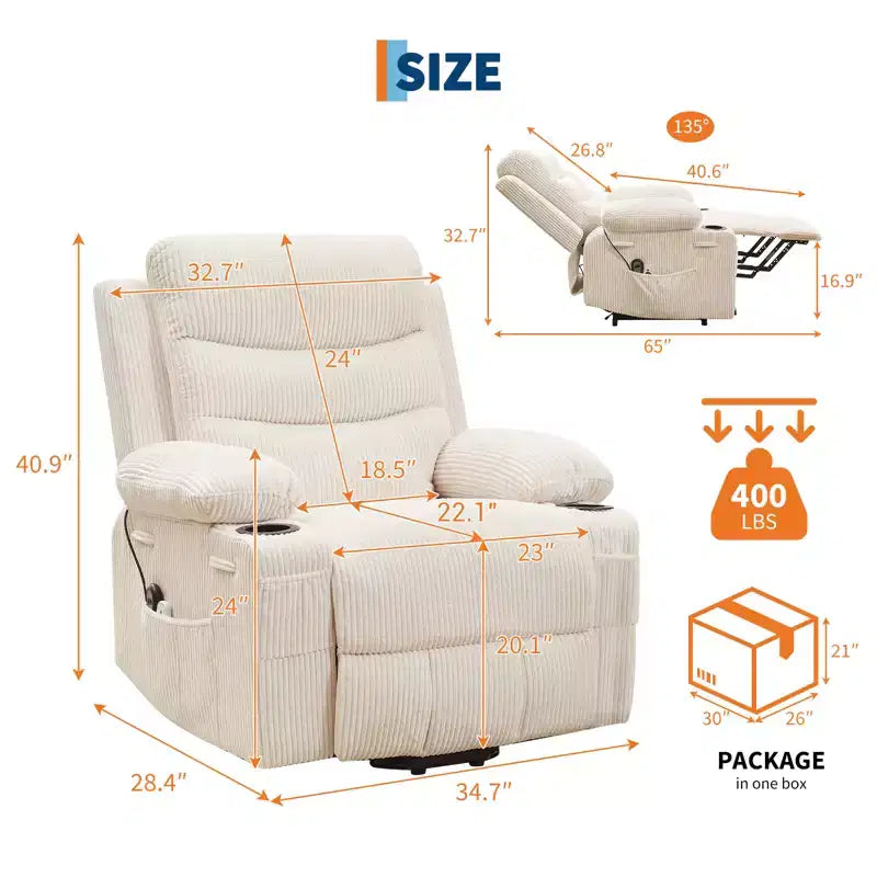 Poltrona Reclinabile Elettrica Monoposto con Funzione Alzapersona, Riscaldamento e Massaggio | Beige / Marrone / Grigio