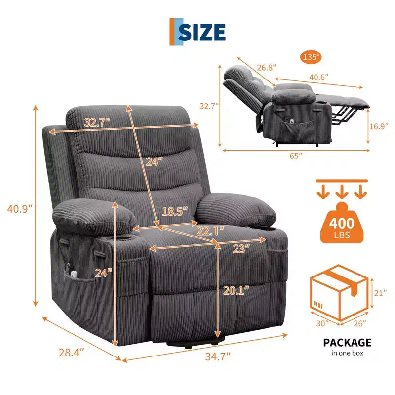 Poltrona Reclinabile Elettrica Monoposto con Funzione Alzapersona, Riscaldamento e Massaggio | Beige / Marrone / Grigio