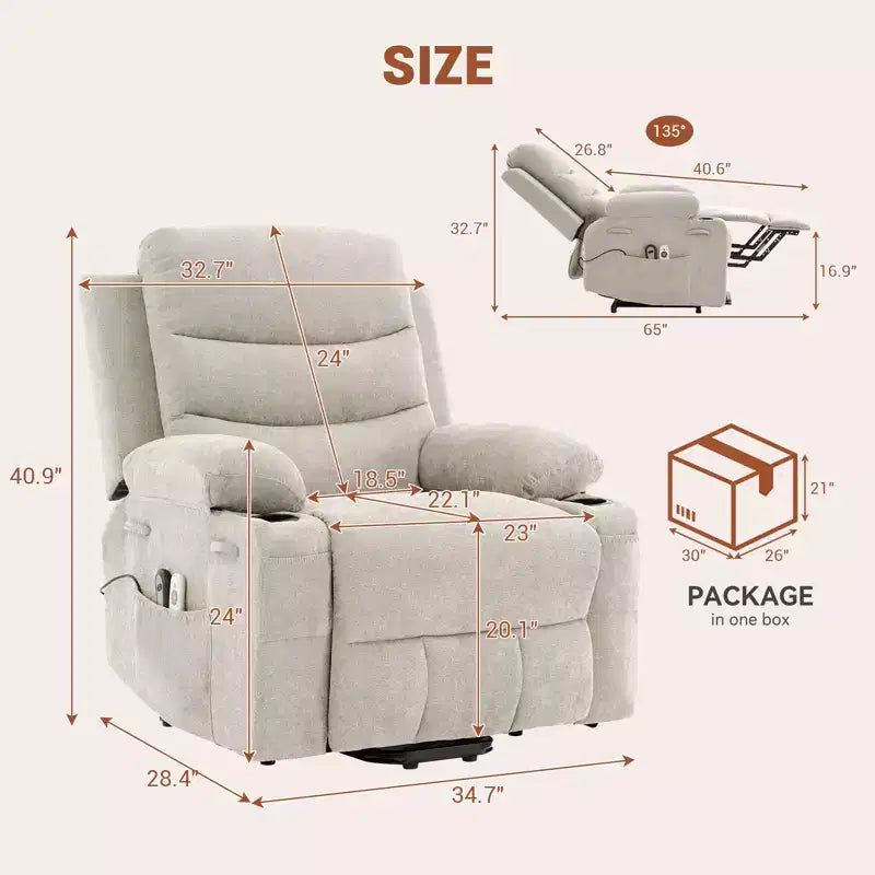 Poltrona Reclinabile Elettrica Monoposto con Funzione Alzapersona, Riscaldamento e Massaggio | Beige / Marrone / Grigio