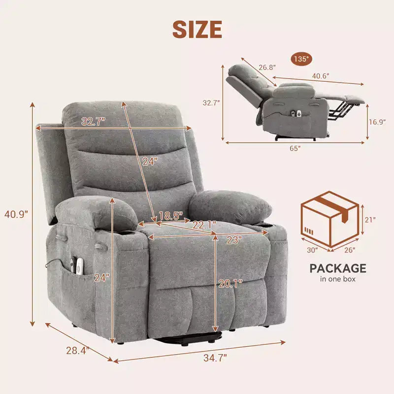 Poltrona Reclinabile Elettrica Monoposto con Funzione Alzapersona, Riscaldamento e Massaggio | Beige / Marrone / Grigio