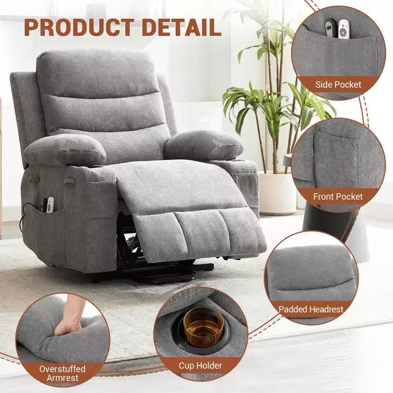 Poltrona Reclinabile Elettrica Monoposto con Funzione Alzapersona, Riscaldamento e Massaggio | Beige / Marrone / Grigio
