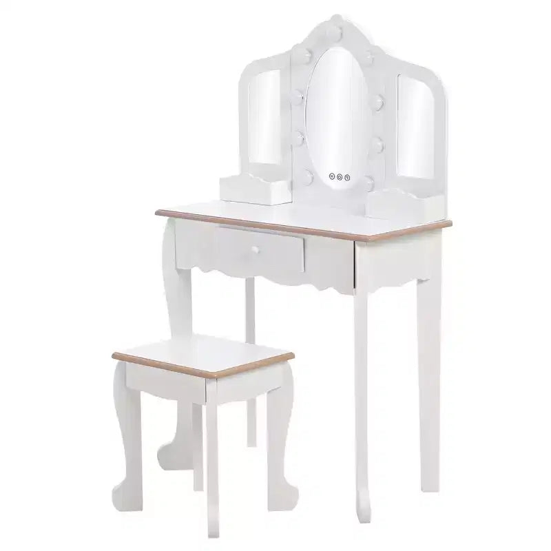 Set Toeletta per Bambini, Rosa/Bianco, Specchio Triplo Illuminato e Sgabello, per 1 Bambino