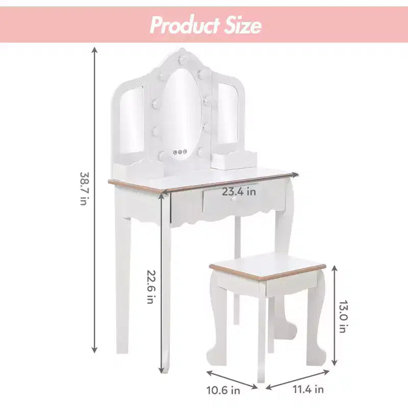 Set Toeletta per Bambini, Rosa/Bianco, Specchio Triplo Illuminato e Sgabello, per 1 Bambino