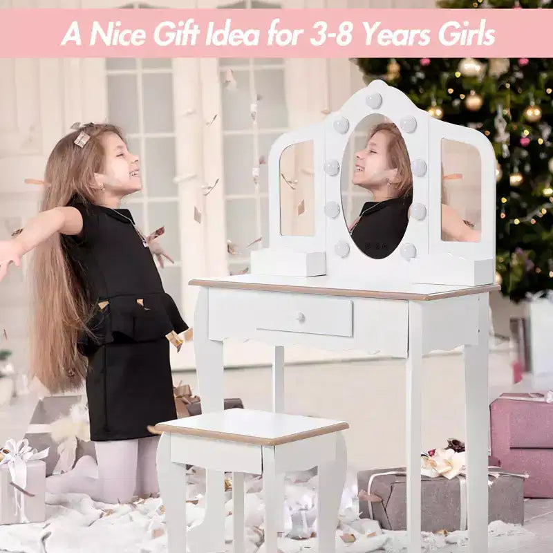 Set Toeletta per Bambini, Rosa/Bianco, Specchio Triplo Illuminato e Sgabello, per 1 Bambino