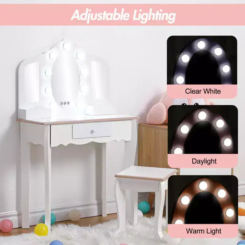 Set Toeletta per Bambini, Rosa/Bianco, Specchio Triplo Illuminato e Sgabello, per 1 Bambino