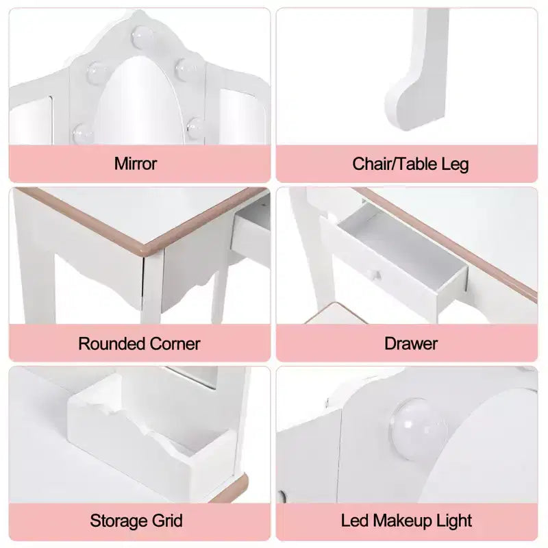 Set Toeletta per Bambini, Rosa/Bianco, Specchio Triplo Illuminato e Sgabello, per 1 Bambino