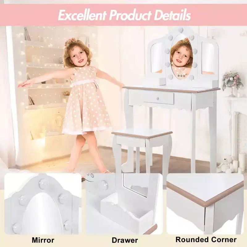 Set Toeletta per Bambini, Rosa/Bianco, Specchio Triplo Illuminato e Sgabello, per 1 Bambino