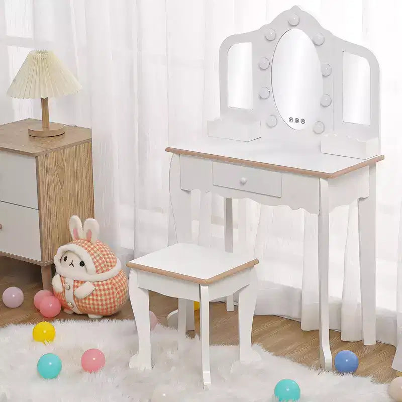 Set Toeletta per Bambini, Rosa/Bianco, Specchio Triplo Illuminato e Sgabello, per 1 Bambino