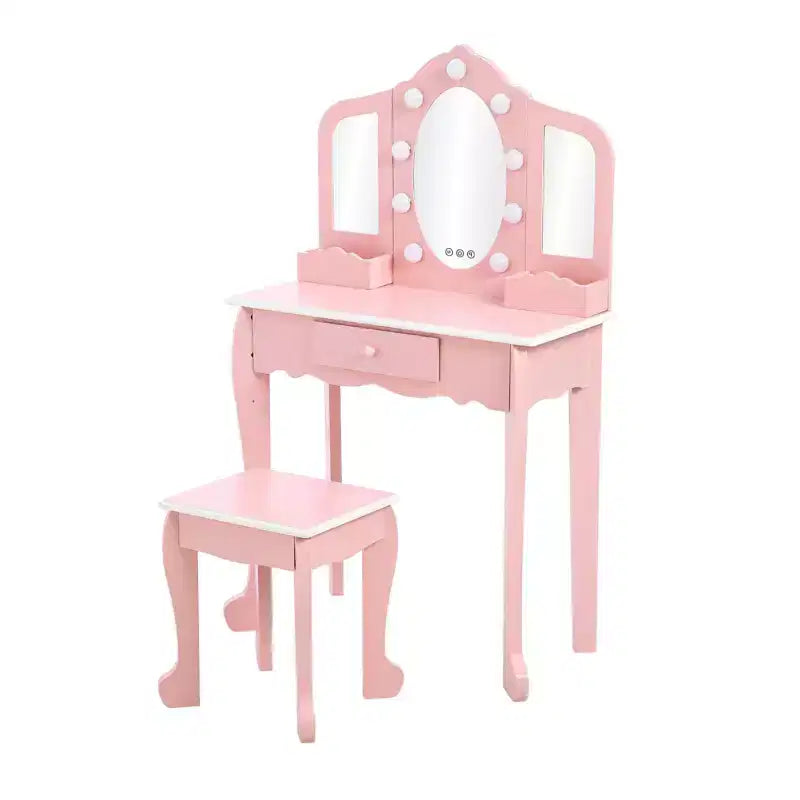 Set Toeletta per Bambini, Rosa/Bianco, Specchio Triplo Illuminato e Sgabello, per 1 Bambino