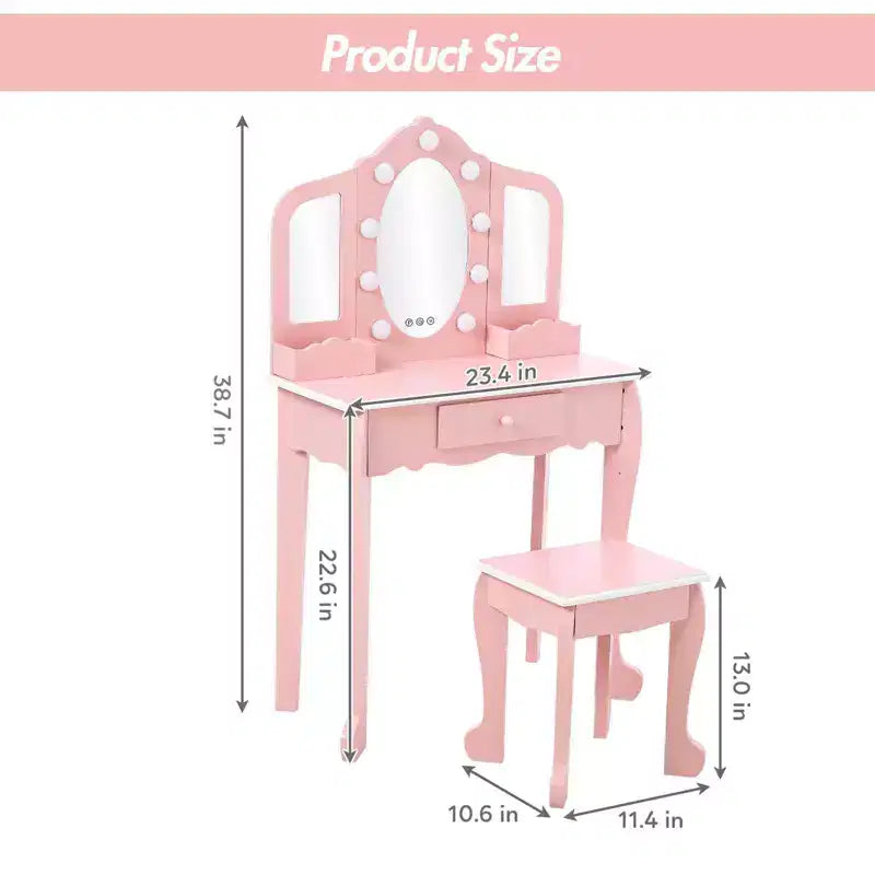 Set Toeletta per Bambini, Rosa/Bianco, Specchio Triplo Illuminato e Sgabello, per 1 Bambino