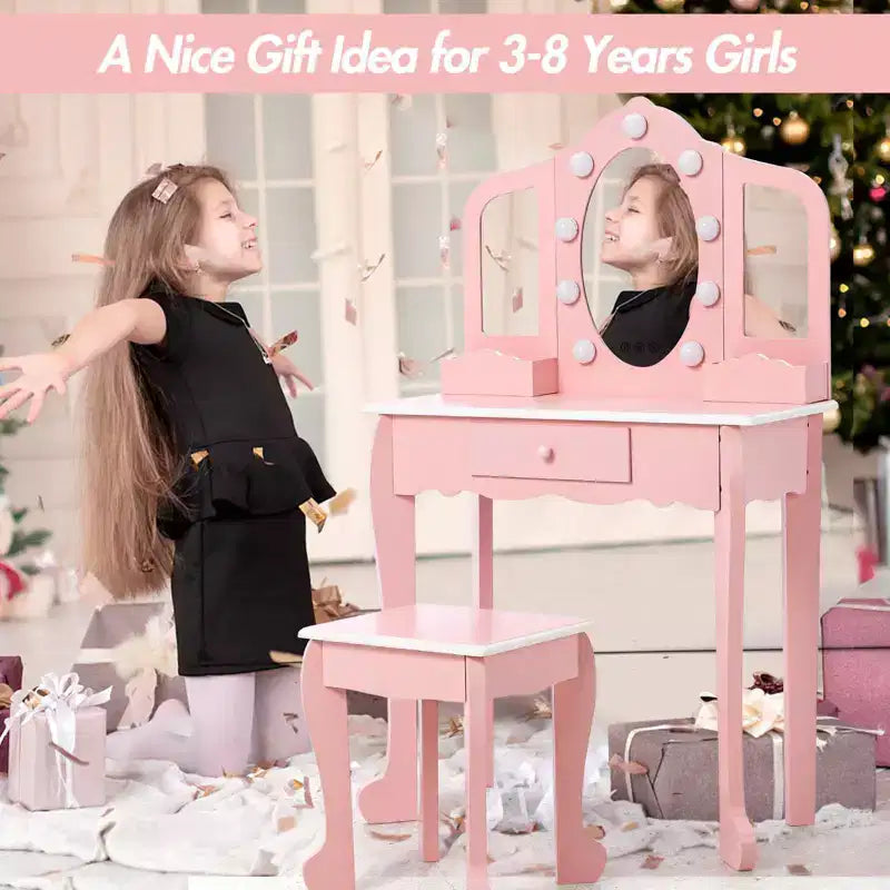 Set Toeletta per Bambini, Rosa/Bianco, Specchio Triplo Illuminato e Sgabello, per 1 Bambino