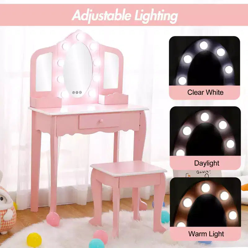 Set Toeletta per Bambini, Rosa/Bianco, Specchio Triplo Illuminato e Sgabello, per 1 Bambino