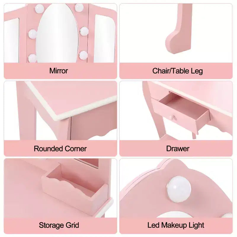 Set Toeletta per Bambini, Rosa/Bianco, Specchio Triplo Illuminato e Sgabello, per 1 Bambino